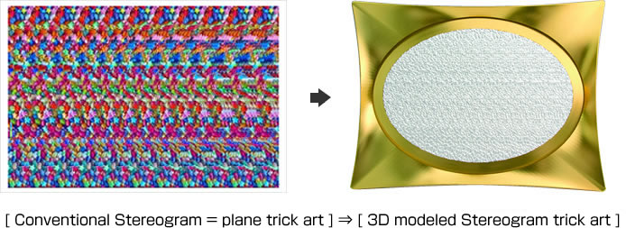  [ Conventional Stereogram = plane optical illusion art ] ⇒ [ 3D modeled Stereogram optical illusion art ]
